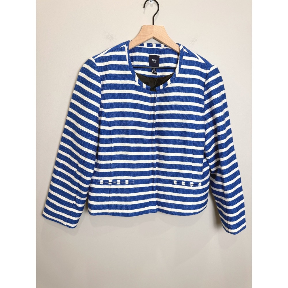 Gap Womens Swing Jacket Campus Blue White Stripe Zip Up Textured Cotton Chic 12